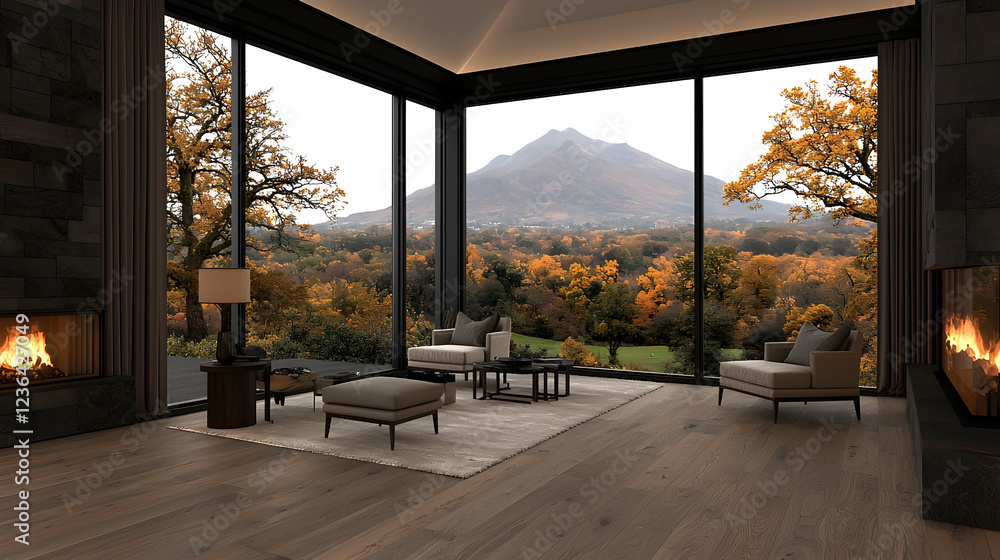 Fototapeta premium Autumn mountain view from modern living room