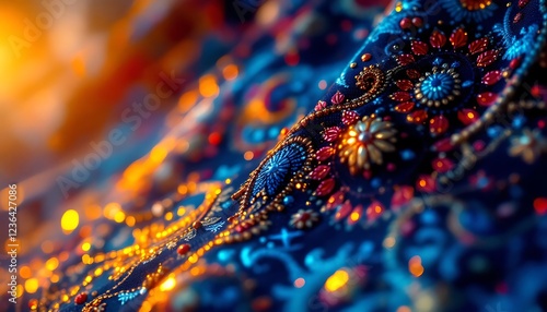 Beaded Fabric Detailed Closeup Vibrant Jewel Tones Warm Light photo