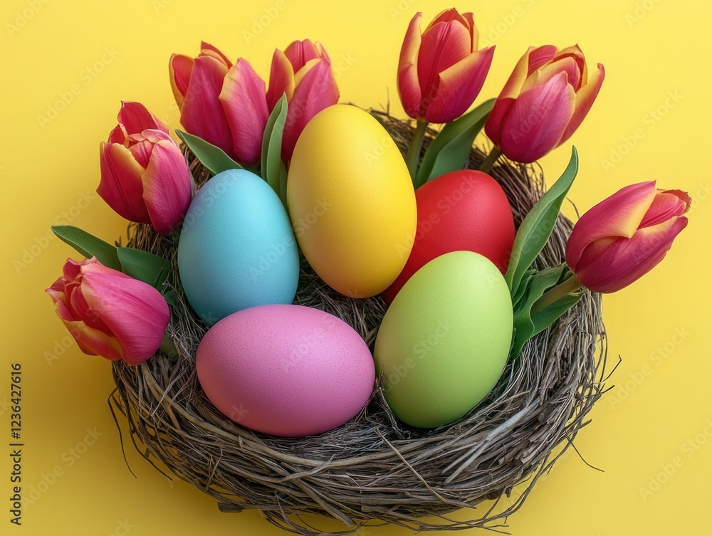 A vibrant Easter basket with colorful eggs and peach blossoms, symbolizing joy and renewal. A vibrant Easter basket with colorful eggs and peach blossoms, symbolizing joy and renewal.