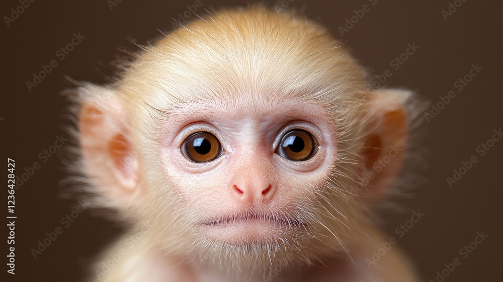 Fototapeta premium Adorable baby monkey portrait, closeup, brown background, wildlife