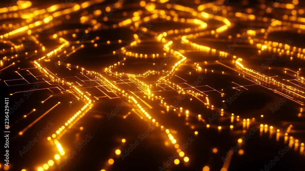 Golden network of digital data trails and glowing circuitry connections on black Golden network of digital data trails and glowing circuitry connections on black