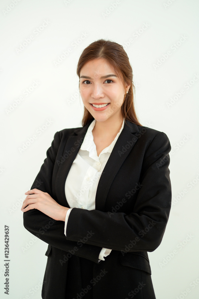 Young Professional Woman in Black Suit Stands Confidently Against a Plain Background Young Professional Woman in Black Suit Stands Confidently Against a Plain Background