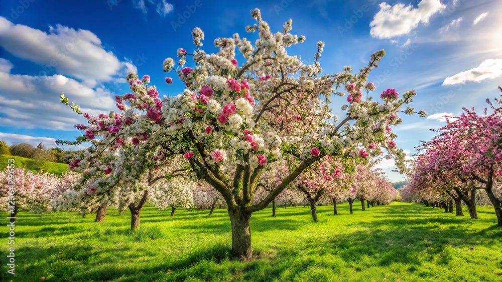 Serene Orchard: A Bountiful Apple Tree in Full Bloom Serene Orchard: A Bountiful Apple Tree in Full Bloom