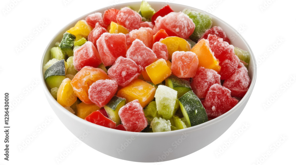 Frozen mixed vegetables in a white bowl on transparent background Frozen mixed vegetables in a white bowl on transparent background
