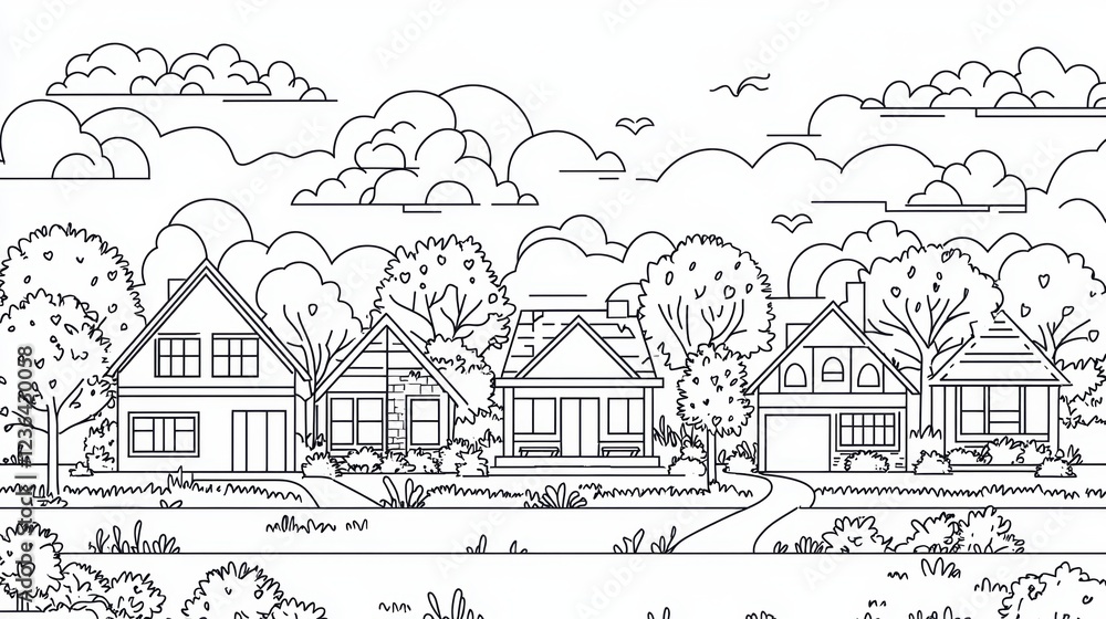 Obraz premium A serene village landscape with houses and trees.
