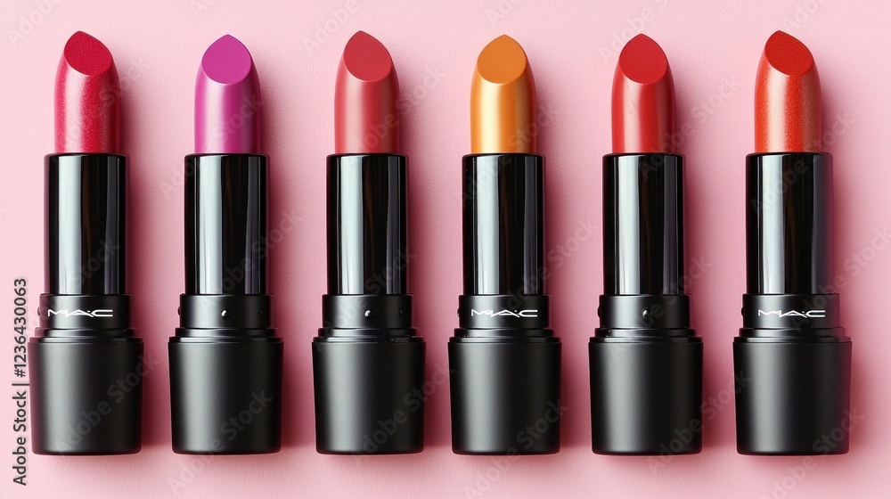 Obraz premium Six lipsticks in various colors on a pink background