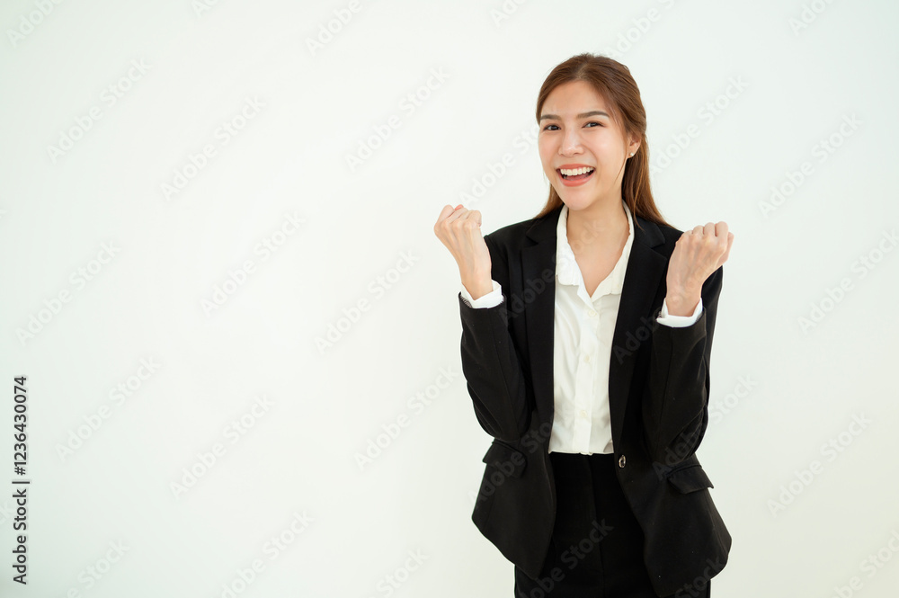 Young Professional Woman in Black Suit Stands Confidently Against a Plain Background Young Professional Woman in Black Suit Stands Confidently Against a Plain Background