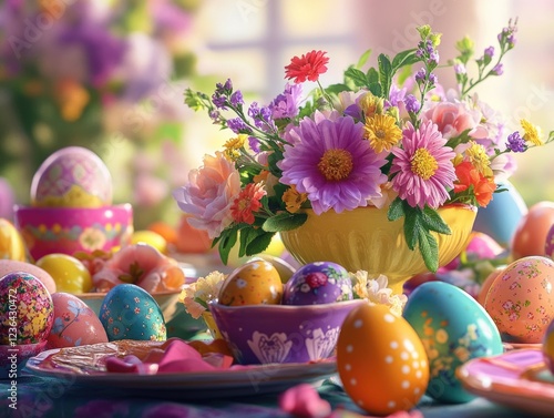 Celebrate the Easter holiday with this vibrant display of colorful decorations. photo