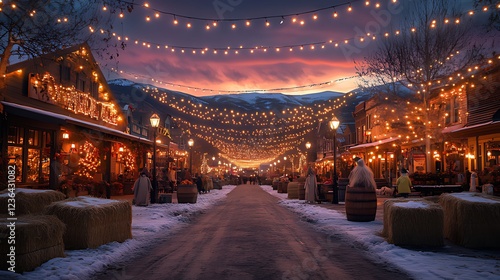 Wallpaper Mural Snowy mountain town street, festive lights, sunset, winter market Torontodigital.ca