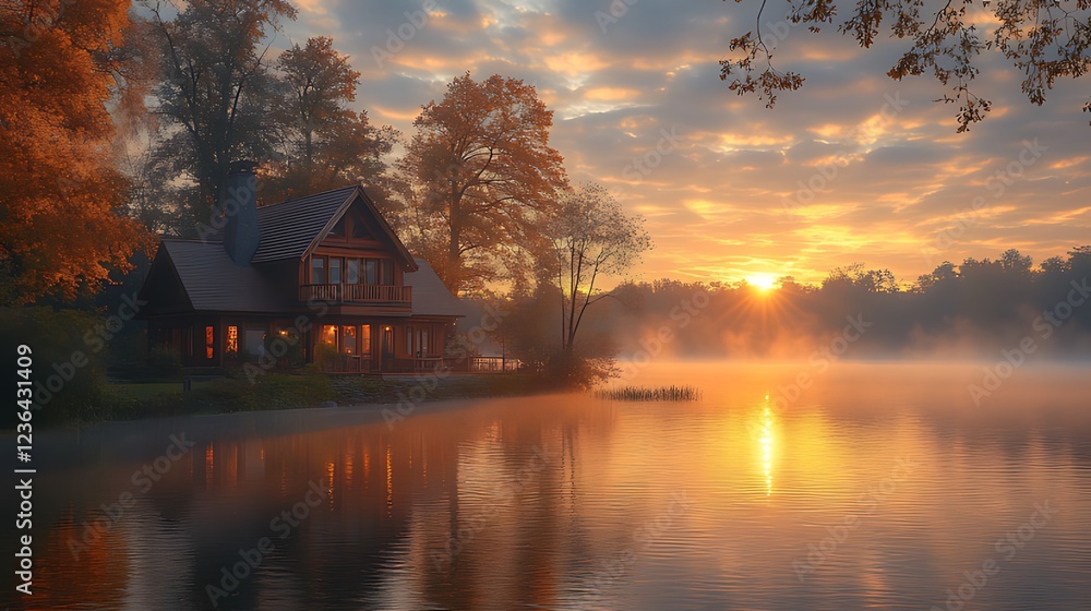 Fototapeta premium Sunrise over tranquil lake with lakeside cabin.