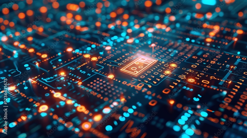 Futuristic glowing digital circuit board with microchips and electronic components in abstract blue and orange technology background Concept of intelligence innovation and advanced engineering Futuristic glowing digital circuit board with microchips and electronic components in abstract blue and orange technology background Concept of intelligence innovation and advanced engineering