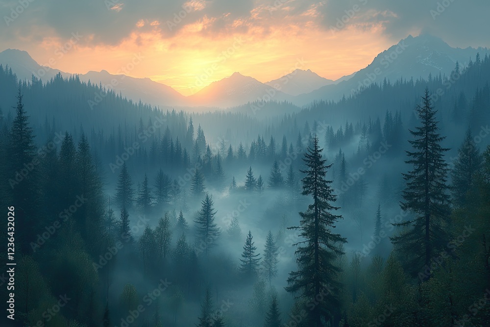 Obraz premium Sunset over misty evergreen forest in mountains, ideal for nature background.