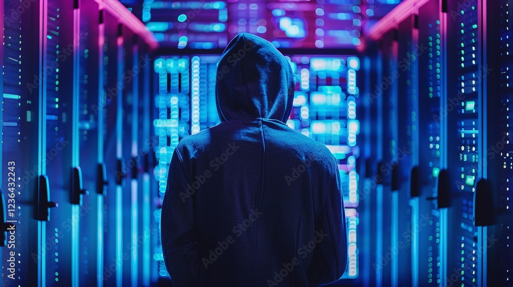 Mysterious hooded figure standing in a futuristic glowing tunnel like corridor with neon lights evoking a sense of isolation introspection Mysterious hooded figure standing in a futuristic glowing tunnel like corridor with neon lights evoking a sense of isolation introspection