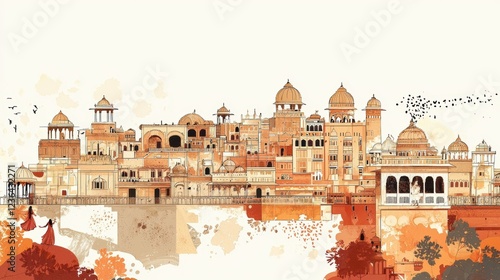 Hand-drawn illustration capturing Rajasthan's iconic architectural landmarks.