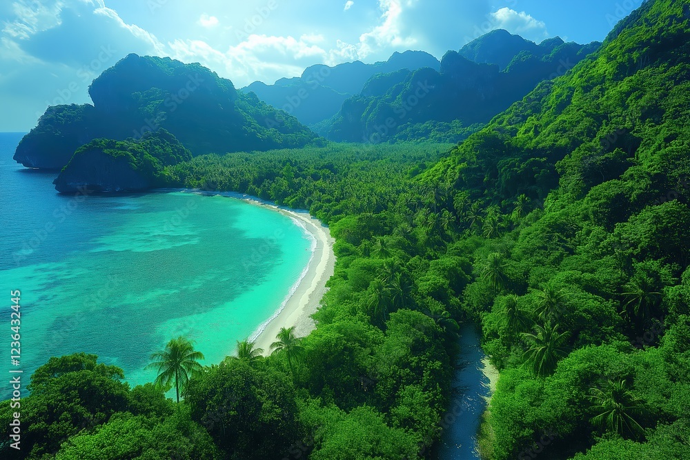 Naklejka premium Tropical beach with turquoise waters and lush green mountains under a bright blue sky
