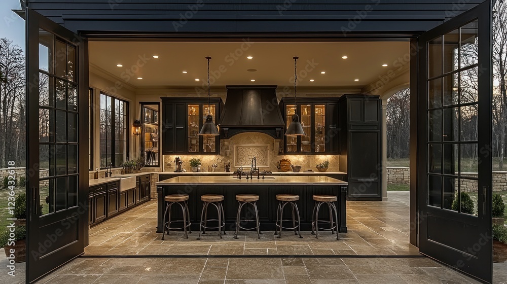 custom made wallpaper toronto digitalLuxury outdoor kitchen with open doors at dusk