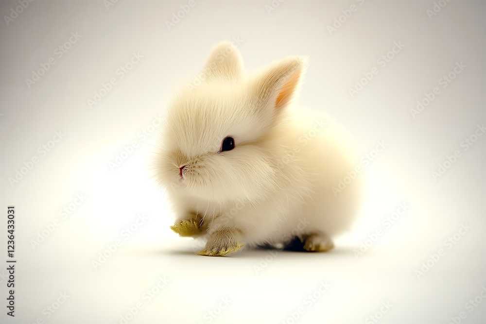 Cute fluffy white rabbit sitting on a soft surface with a blurred background Cute fluffy white rabbit sitting on a soft surface with a blurred background