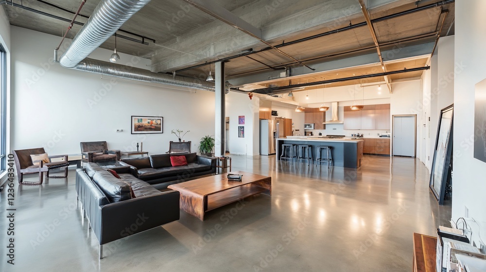 Modern Loft Interior with Open Kitchen and Living Room Areas and concrete floors Modern Loft Interior with Open Kitchen and Living Room Areas and concrete floors