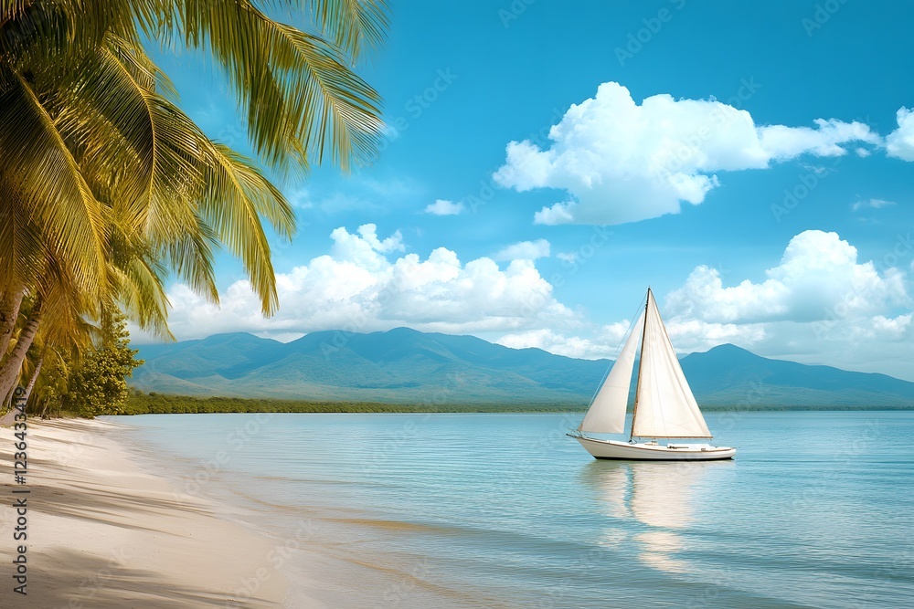 Obraz premium Vintage-style poster of an exotic beach with palm trees, mountains, and a blue sky in the background. A sailboat is seen on the calm waters near the shore