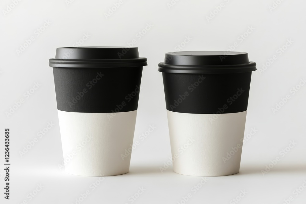 Two black and white disposable coffee cups with lids on a white background. Two black and white disposable coffee cups with lids on a white background.