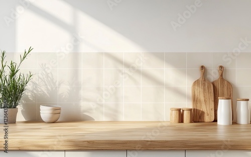 Wooden kitchen counter with beige ceramic tiles, mock-up background, front view. 3D rendering illustration. Space for product display montage, e-commerce banner. 