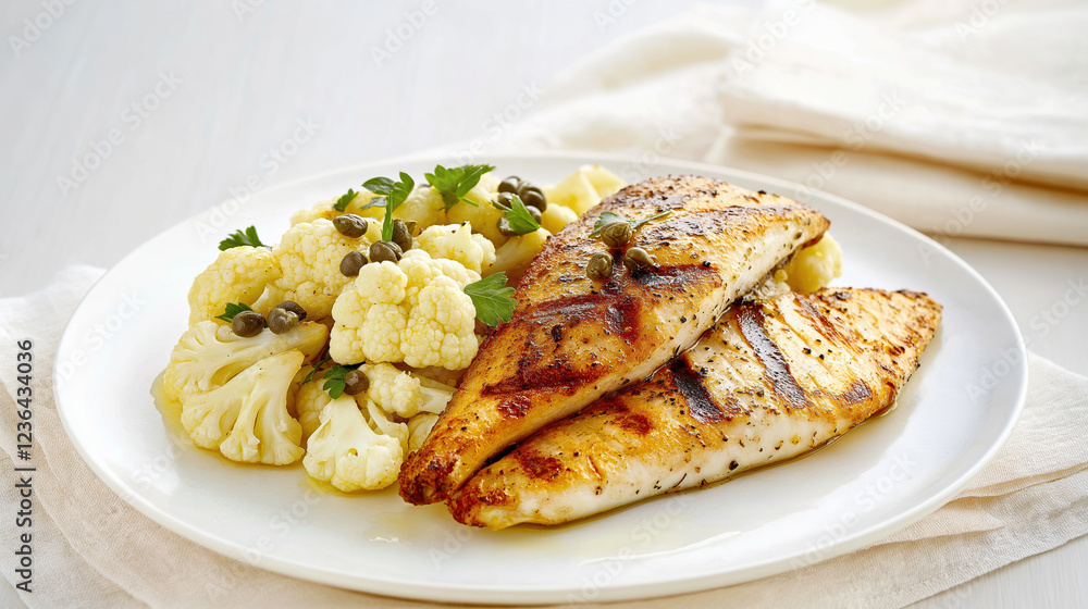 Grilled chicken fillet with cauliflower and capers on a white plate Grilled chicken fillet with cauliflower and capers on a white plate