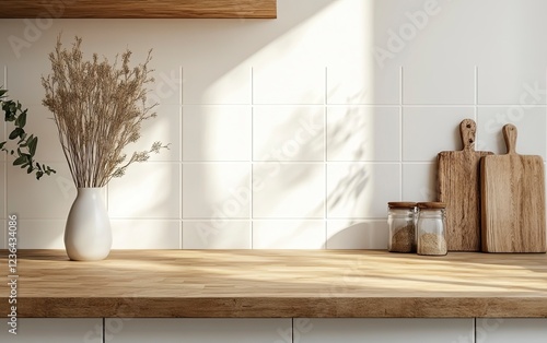 Wooden kitchen counter with beige ceramic tiles, mock-up background, front view. 3D rendering illustration. Space for product display montage, e-commerce banner. 