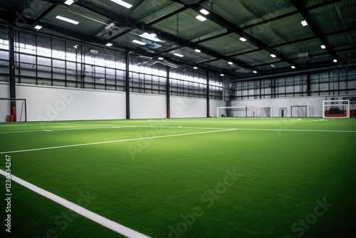 Contemporary indoor soccer arena with vivid green synthetic turf, crisp white boundary lines, and a metallic ceiling adorned with red ventilation pipes