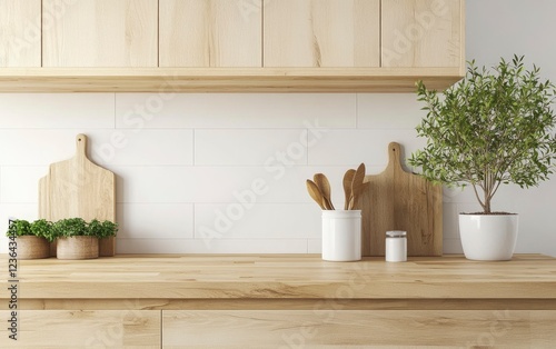 Wooden kitchen counter with beige ceramic tiles, mock-up background, front view. 3D rendering illustration. Space for product display montage, e-commerce banner. 