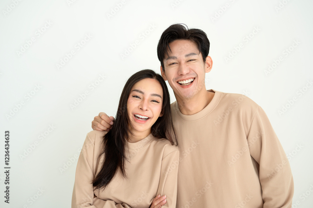 Couple Smiling Together in Matching Outfits, Showcasing a Warm and Friendly Atmosphere at Home Couple Smiling Together in Matching Outfits, Showcasing a Warm and Friendly Atmosphere at Home