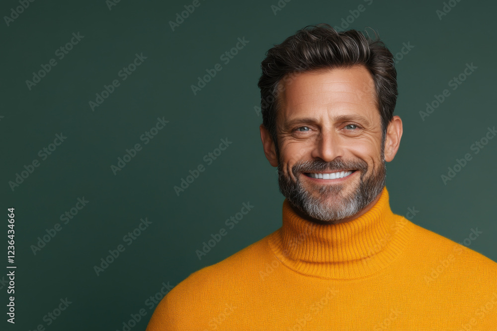 Smiling man in mustard sweater, green backdrop Smiling man in mustard sweater, green backdrop