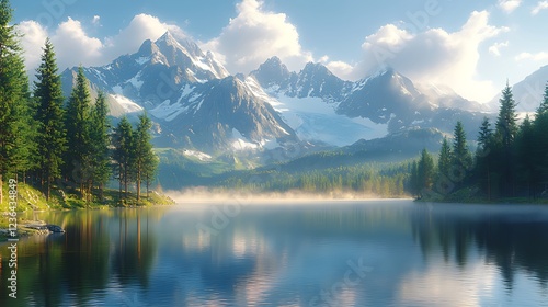 Serene mountain lake reflecting snow-capped peaks under a bright, sunny sky with mist rising from the water.