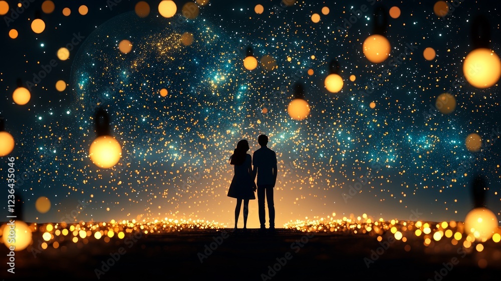 Fototapeta premium Valentine emotion eternity. A romantic silhouette of a couple surrounded by glowing lanterns and a starry night sky, evoking a magical and dreamy atmosphere.