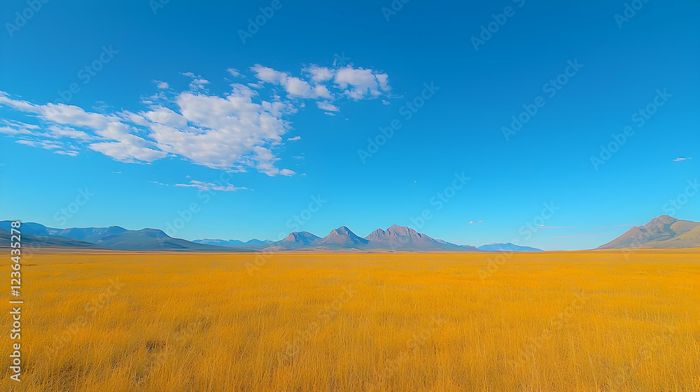 Golden prairie, mountains, clear sky, autumn landscape, travel poster