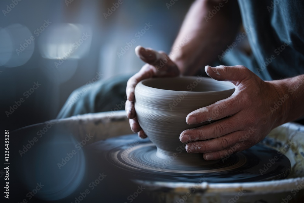 A potter's hands skillfully shape clay on a spinning wheel, creating a beautiful bowl. A potter's hands skillfully shape clay on a spinning wheel, creating a beautiful bowl.