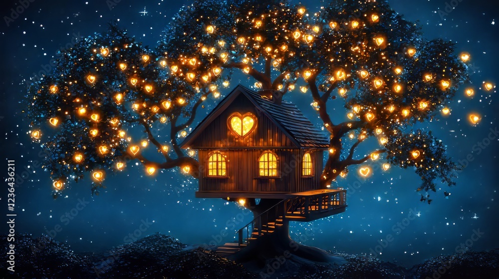 Fototapeta premium Valentine emotion eternity. A whimsical treehouse adorned with glowing lights, nestled among branches, creates a magical nighttime atmosphere.