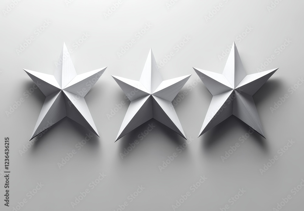 Obraz premium Three white, 3D, five-pointed stars on a light grey background.