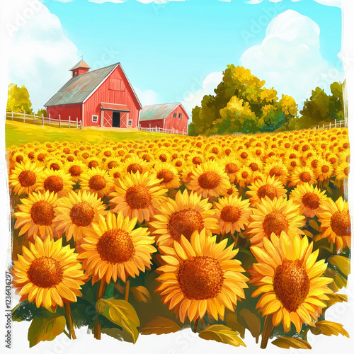 A vibrant and modern illustration of a picturesque landscape featuring a cozy house surrounded by a vast sunflower field.