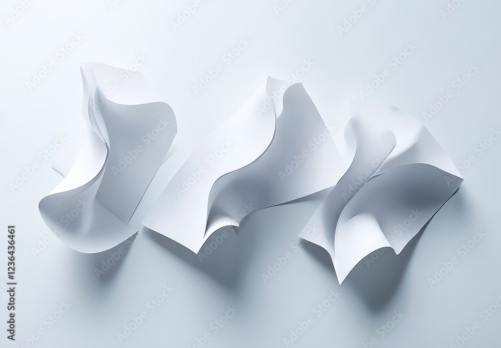 Abstract white paper shapes, elegantly curved and folded, creating a dynamic composition on a light grey background. Abstract white paper shapes, elegantly curved and folded, creating a dynamic composition on a light grey background.