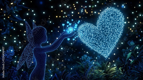 Valentine emotion eternity. A glowing fairy holds sparkling orbs, releasing them toward a shimmering blue heart amidst a magical, starry background.