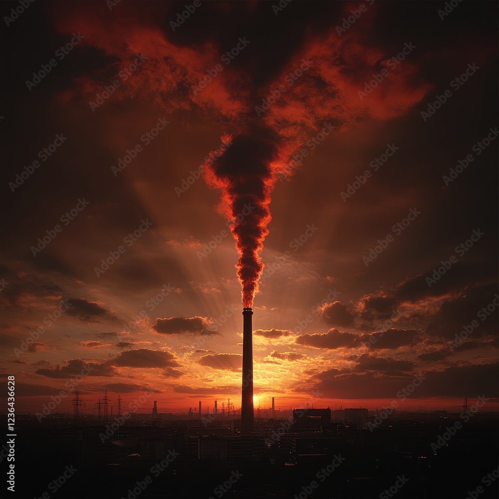 Fototapeta premium Industrial Chimney Emitting Smoke at Sunset Glow