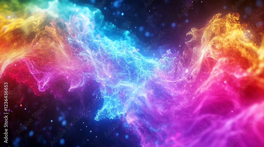 Naklejka premium Vibrant Abstract Digital Art with Swirling Nebulous Lines and Colorful Gradients