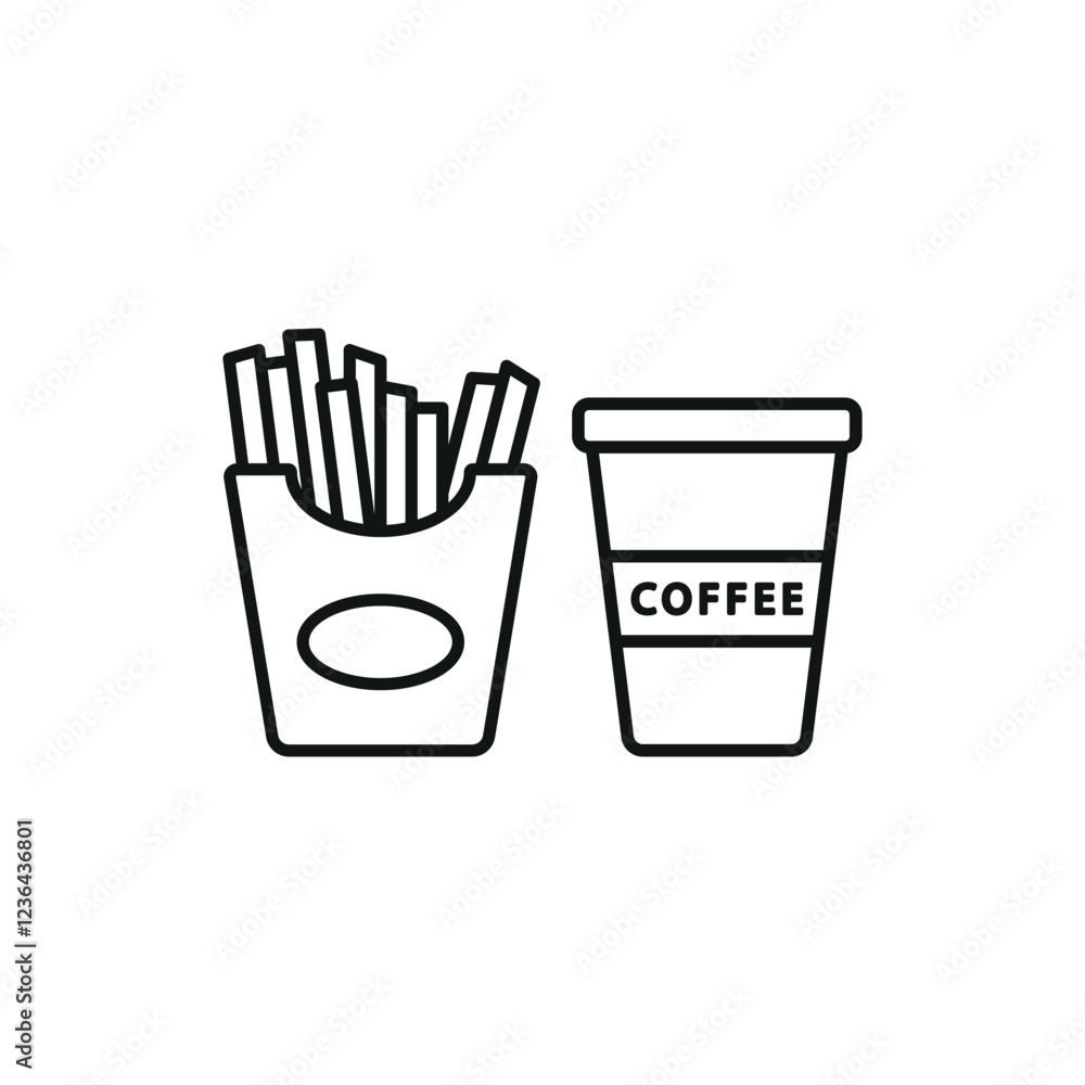Drink and fried fries set food icon in flat style, featuring a refreshing beverage in a cup with a straw and a crispy serving of golden french fries. Drink and fried fries set food icon in flat style, featuring a refreshing beverage in a cup with a straw and a crispy serving of golden french fries.