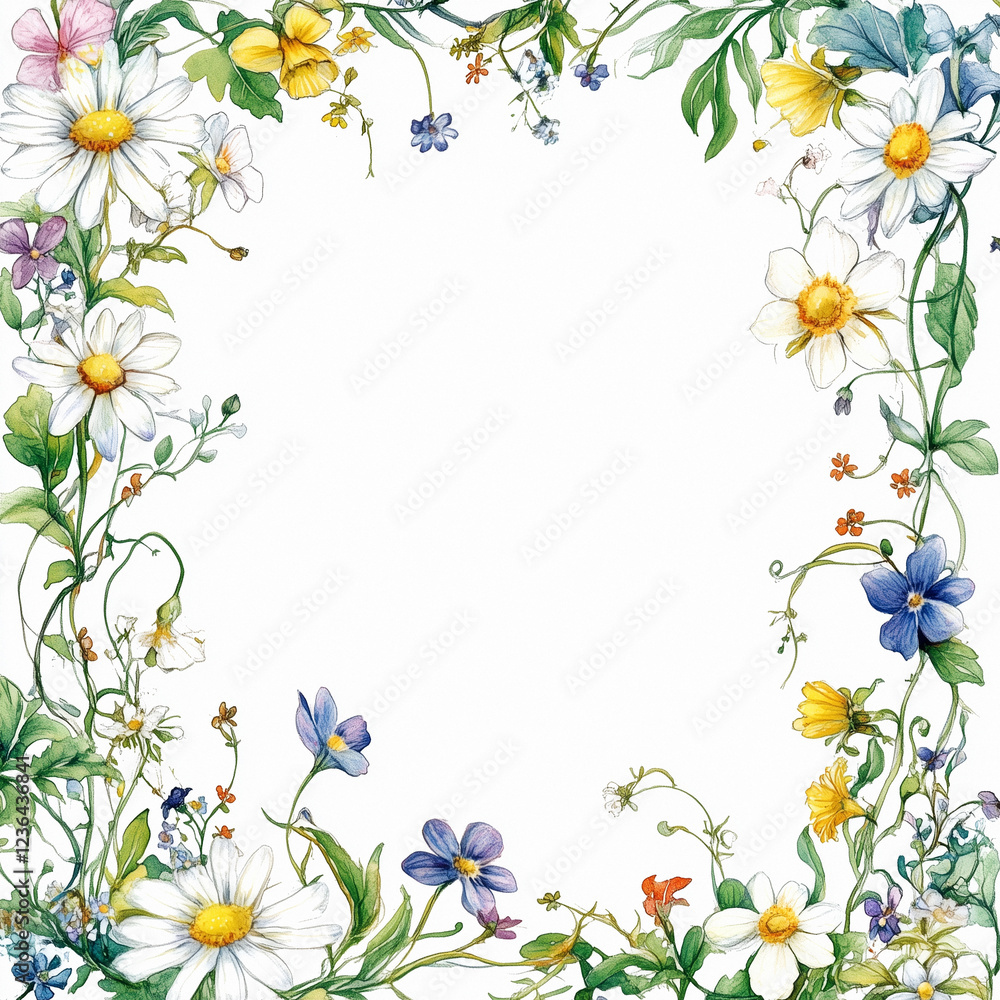 Obraz premium A square watercolor floral frame adorned with delicate wildflowers in bright tones. 