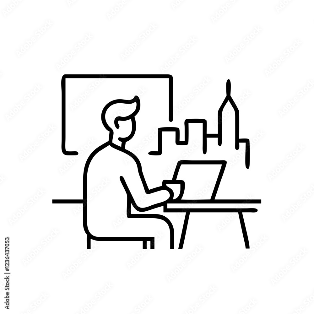 Outline illustration of a person working on laptop at desk with city skyline backdrop Outline illustration of a person working on laptop at desk with city skyline backdrop