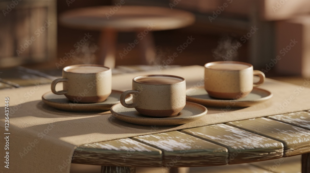 Three steaming cups of coffee on a rustic wooden table, bathed in warm sunlight. Three steaming cups of coffee on a rustic wooden table, bathed in warm sunlight.