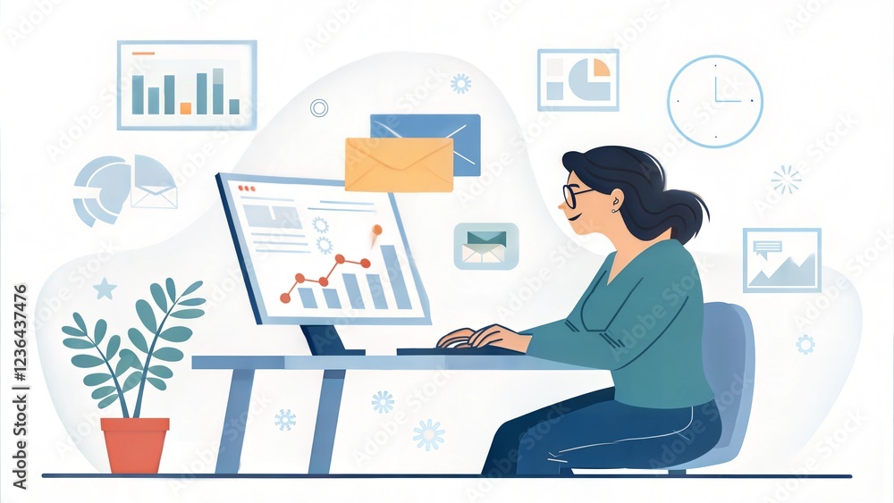 Fototapeta premium Vector illustration of a woman analyzing data on a computer with graphs and emails around her
