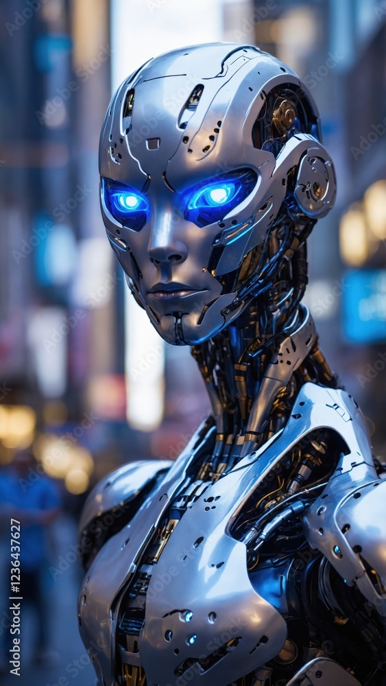 Futuristic Humanoid Robot with Glowing Blue Eyes in a Cyberpunk Urban Scene Futuristic Humanoid Robot with Glowing Blue Eyes in a Cyberpunk Urban Scene