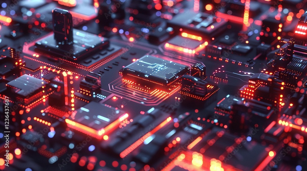 Obraz premium Intricate computer circuit board with glowing red and orange electronic components highlighting the complex inner workings and advanced technology powering modern digital devices and systems