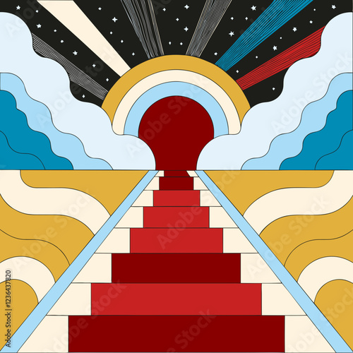 Colorful abstract illustration of stairs leading to a sunlit archway with clouds